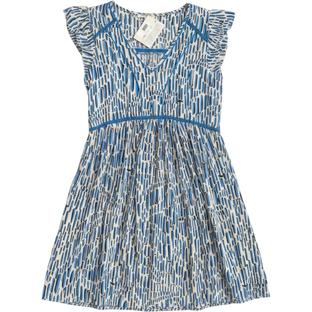Umgee NWT Blue & Cream Abstract Boho Dress Crochet Trim Flutter Sleeve Sz S